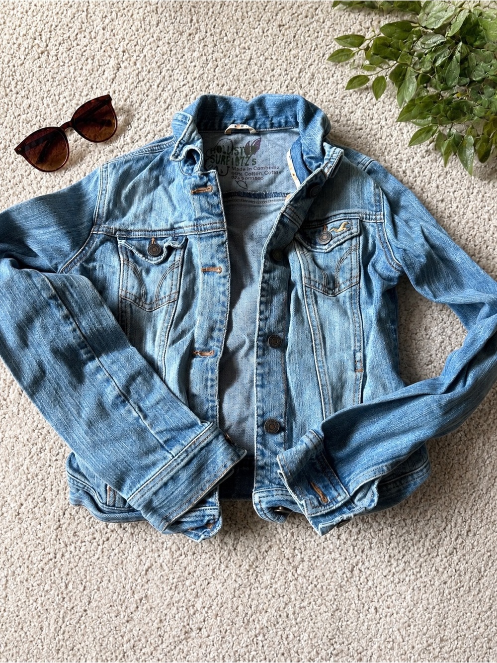 Hollister Cropped Denim Jacket Light Wash Fitted Y2K Vintage Style XS/S